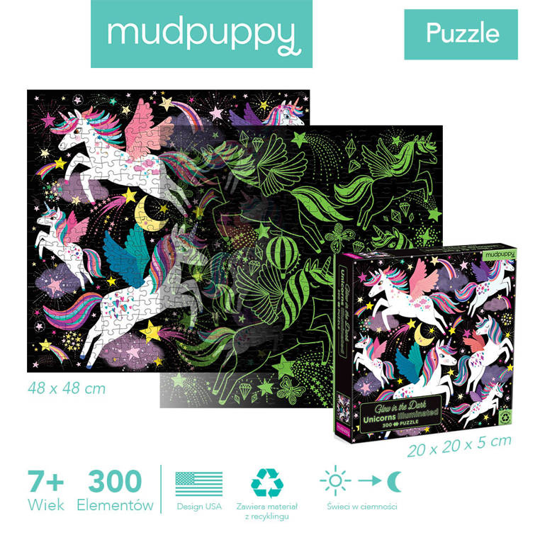 Mudpuppy Puzzle rodzinne świecące w ciemności Jednorożce 300 elementów