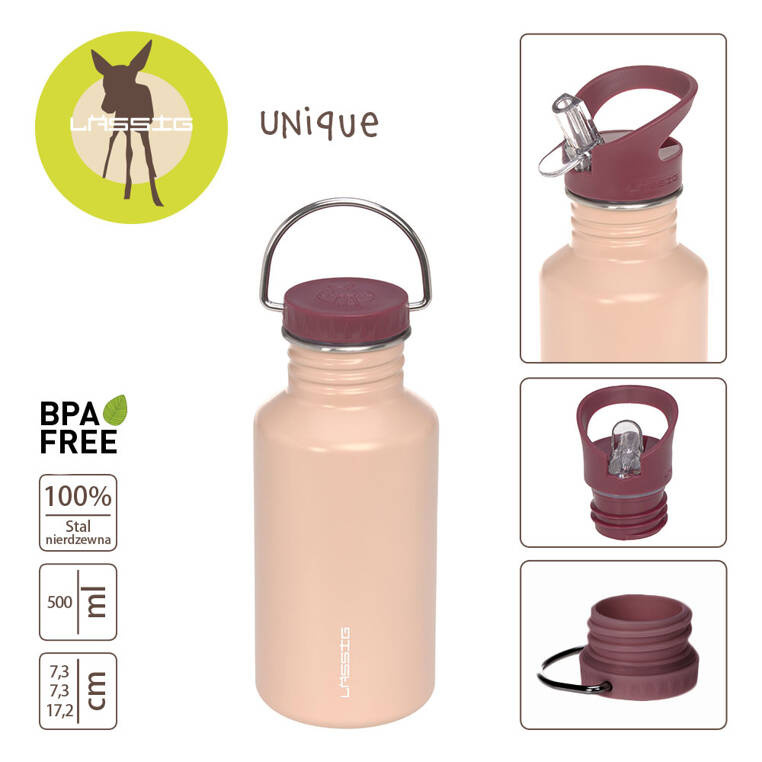 Lassig Bidon ze stali nierdzewnej z dodatkową zakrętką z ustnikiem 500 ml Unique różow