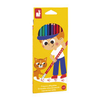 Janod Kredki ołówkowe zmazywalne z gumką 12 kolorów 3+