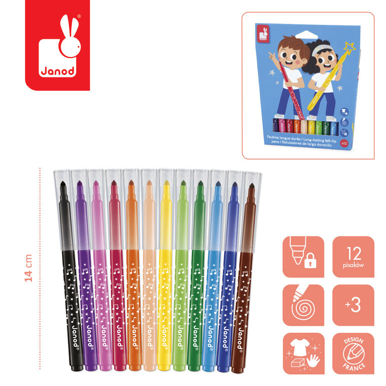 Janod Flamastry pisaki z filcową końcówką 12 kolorów 3+ 