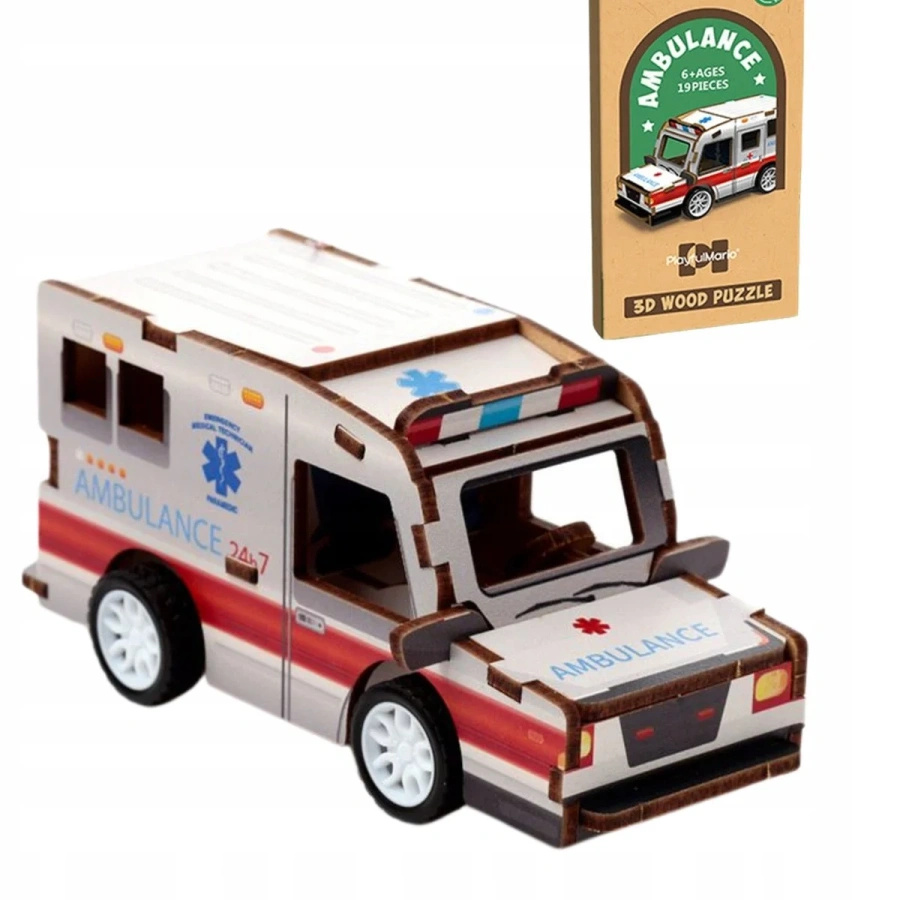 Drewniane mini Puzzle 3D z napędem, ambulans