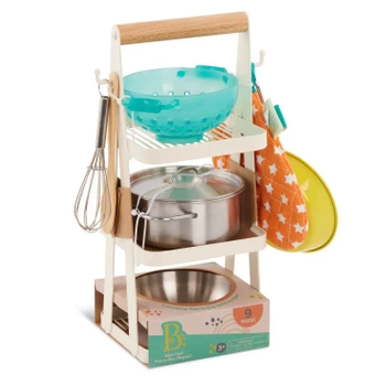 Mini Chef – Pot-n-Pan Playset – zestaw REALISTYCZNYCH NACZYŃ i PRZYBORÓW kuchennych, ze stojakiem