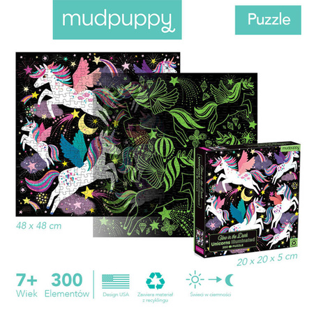 Mudpuppy Puzzle rodzinne świecące w ciemności Jednorożce 300 elementów 