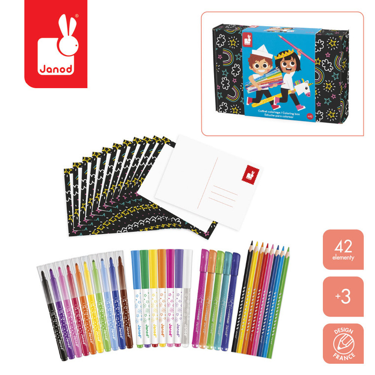 Janod Zestaw przyborów do kolorowania kredki flamastry Coloring box 42 el. 3+