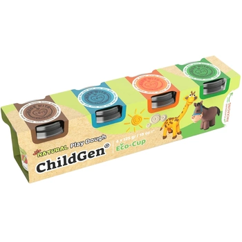 ChildGen, Naturalna ciastolina w eko-kubkach - zestaw 4 kolorów: brązowy, niebieski, pomarańczowy, zielony